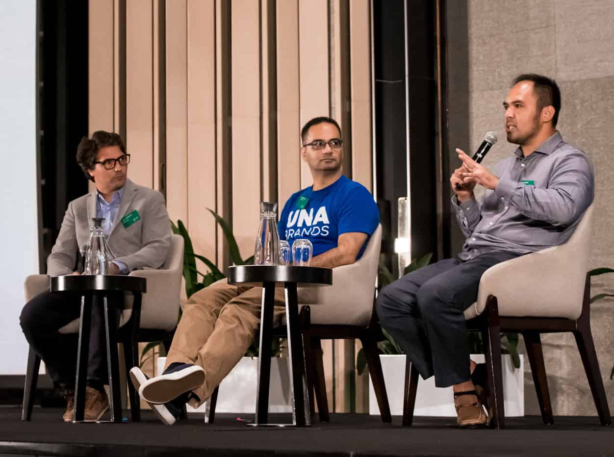 Kiren Tanna (Una Brands), centre, with Julien Mialaret (Eurazeo) and Ryan Manafe (Dagangan) at FF Asia 2023.