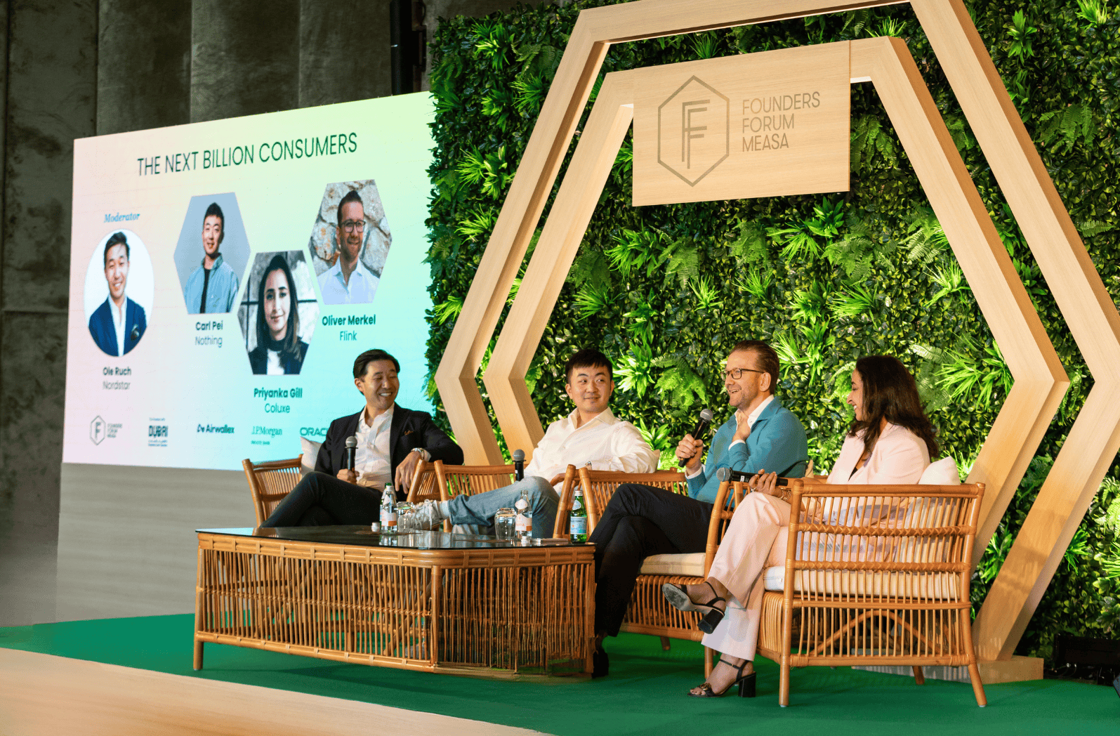 Ole Ruch (Nordstar), Carl Pei (Nothing), Oliver Merkel (Flink) & Priyanka Gill (Coluxe) speaking at FF MEASA 2025.