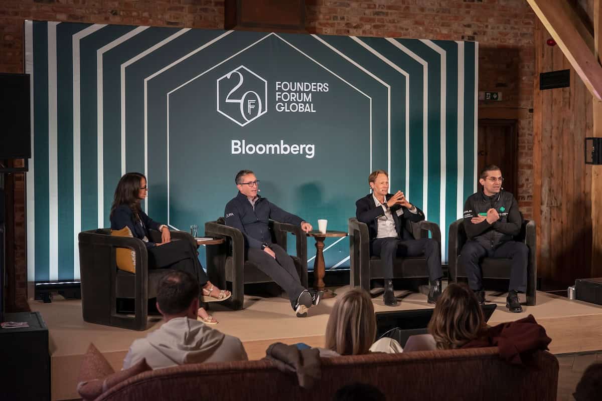 Dr Alex Zhavoronkov PhD, Dr Greg Bailey, Tom Hale, and Parmy Olson at FF Global 2025.